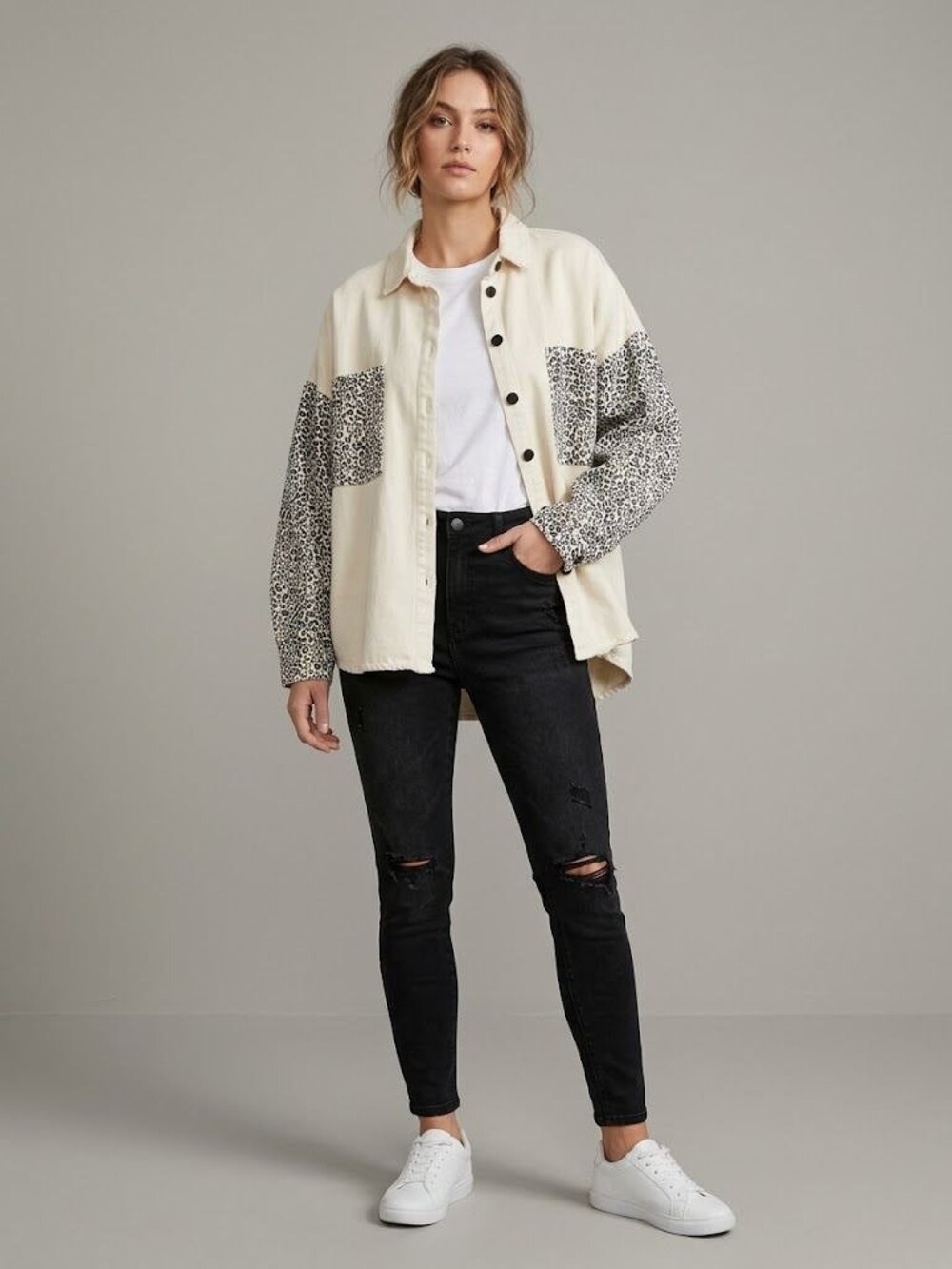 POL Womens Shacket L Ivory Black Leopard Print Oversized Cotton Jacket Boho